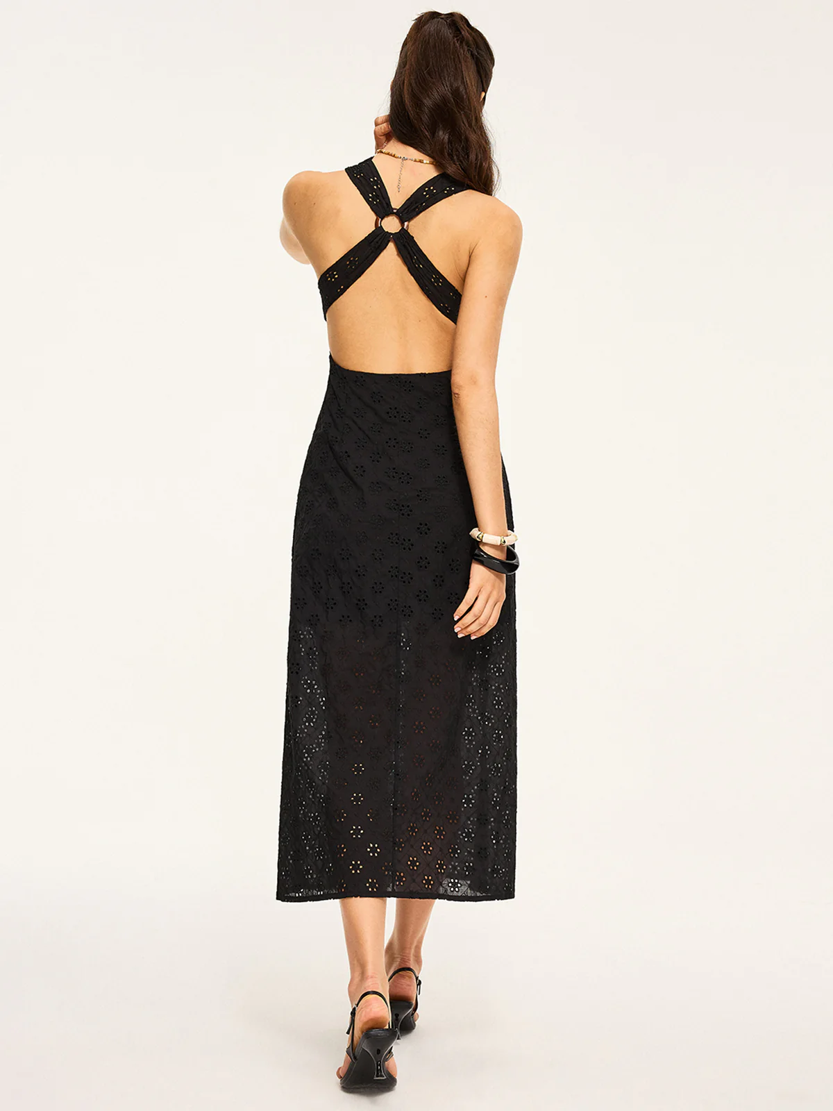 Semi-Sheer Eyelet Backless Criss-Cross Midi Dress - Image 5