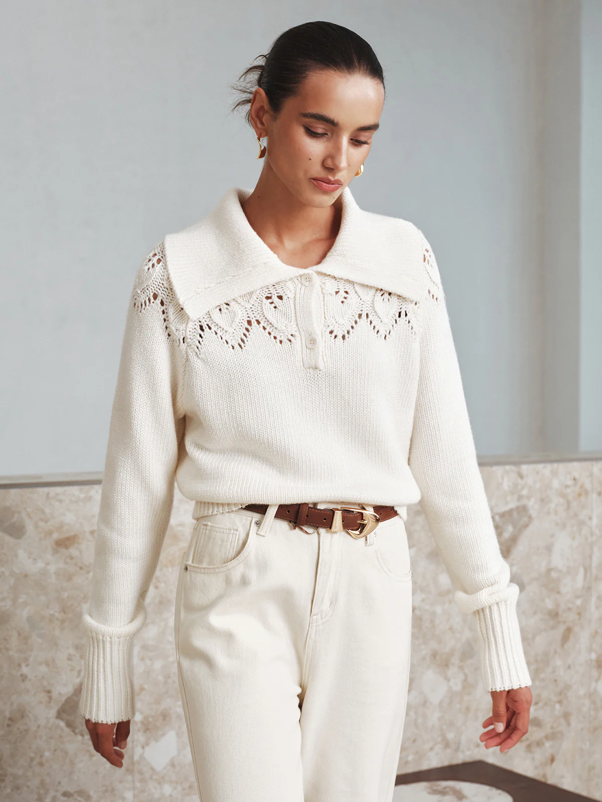 Eyelet Collared Knit Sweater - Image 3