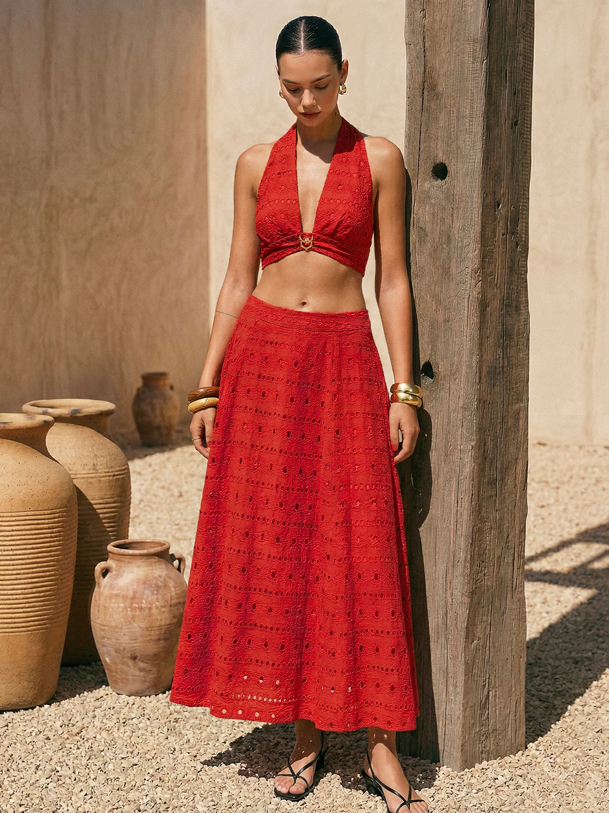 Eyelet Halter Crop Top & Maxi Skirt Set - Image 4
