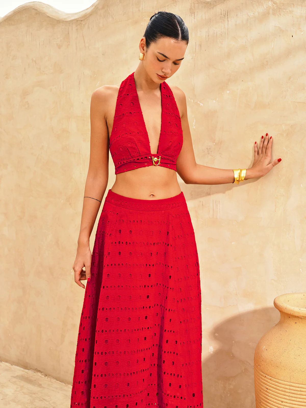 Eyelet Halter Crop Top & Maxi Skirt Set - Image 9