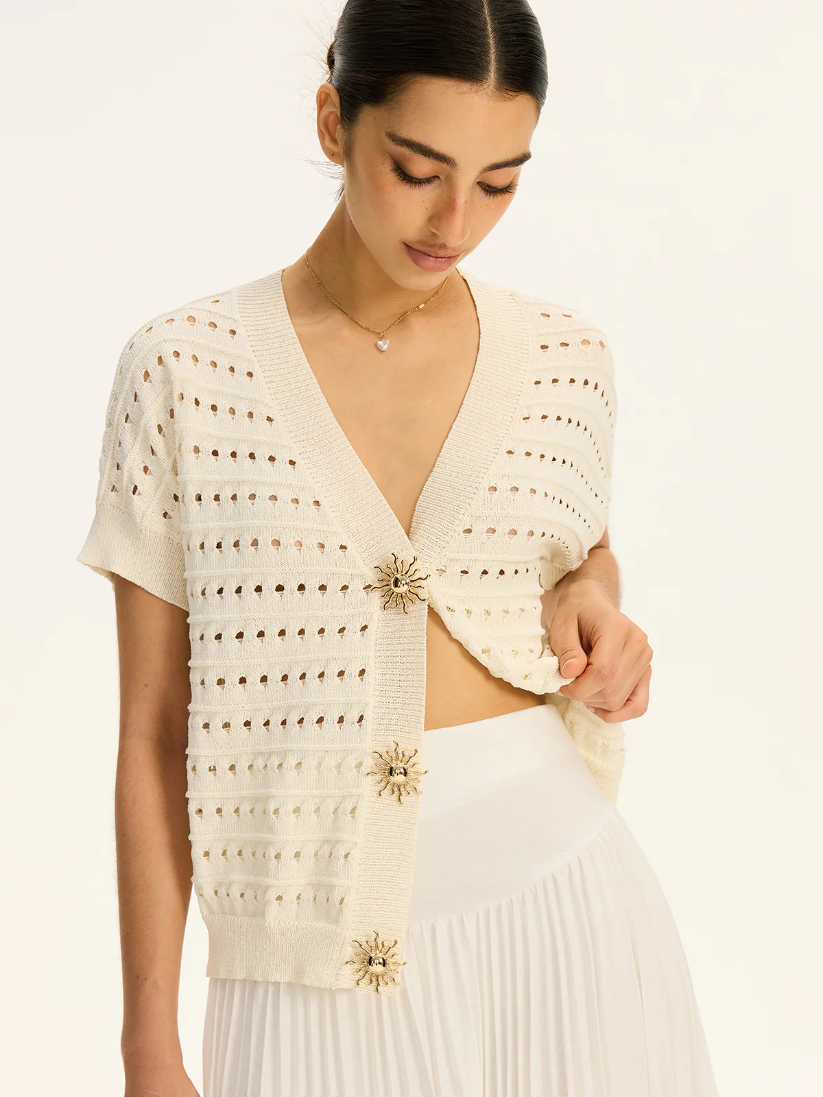 Eyelet Knit Metal Button V-Neck Cardigan