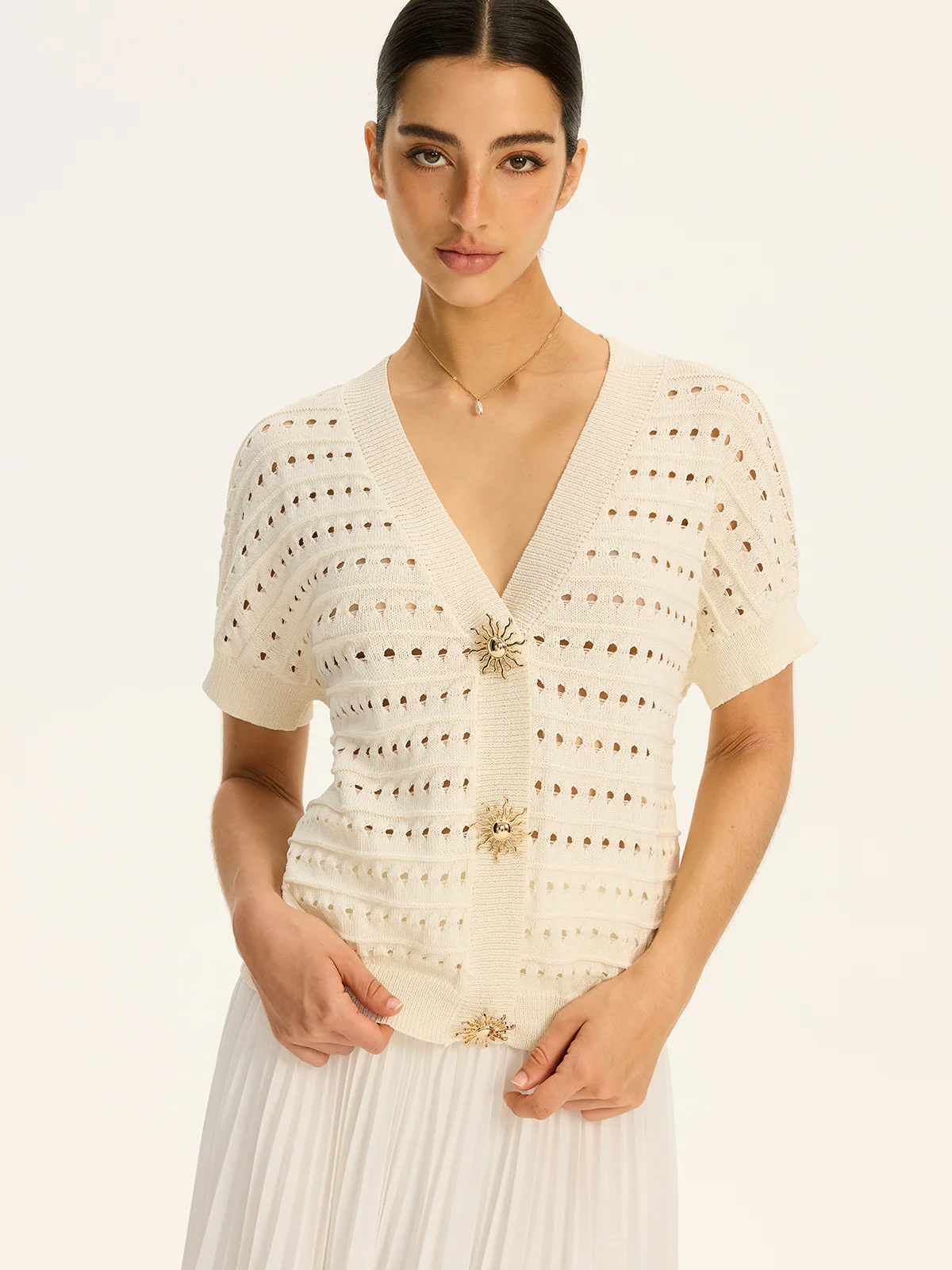 Eyelet Knit Metal Button V-Neck Cardigan - Image 2