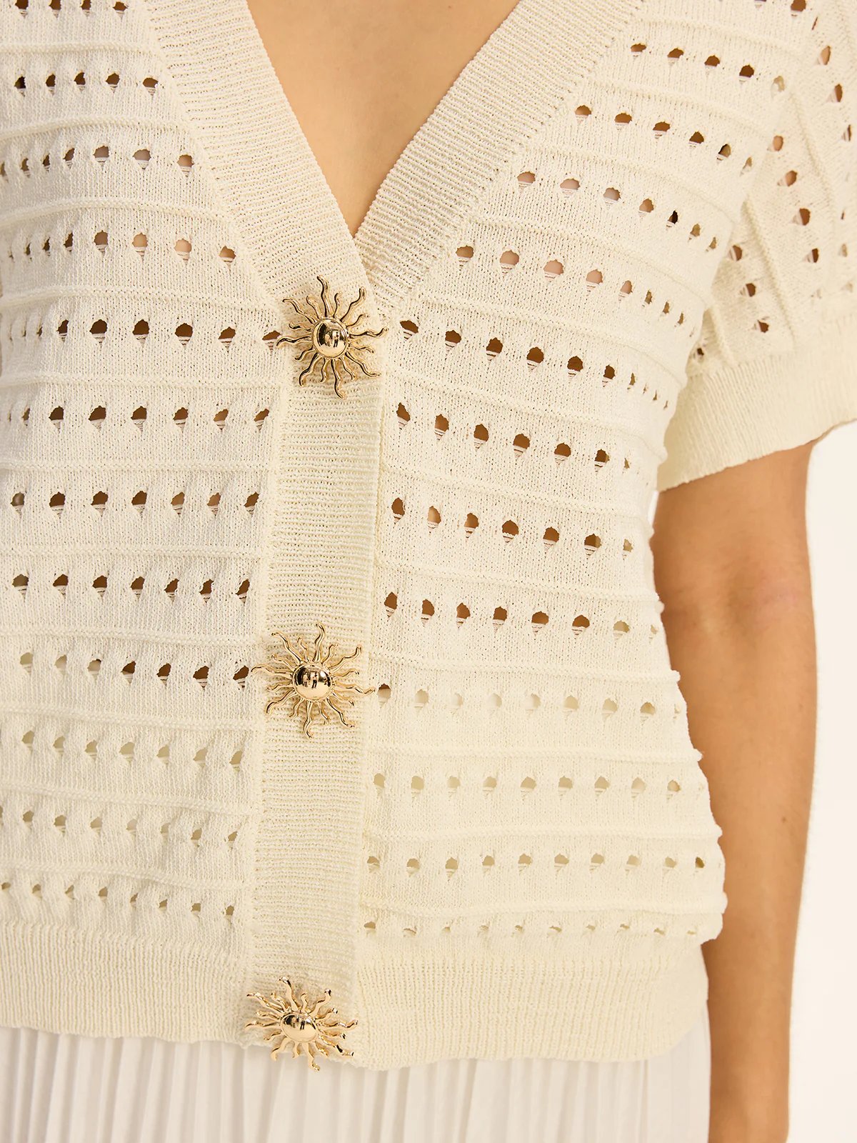 Eyelet Knit Metal Button V-Neck Cardigan - Image 4