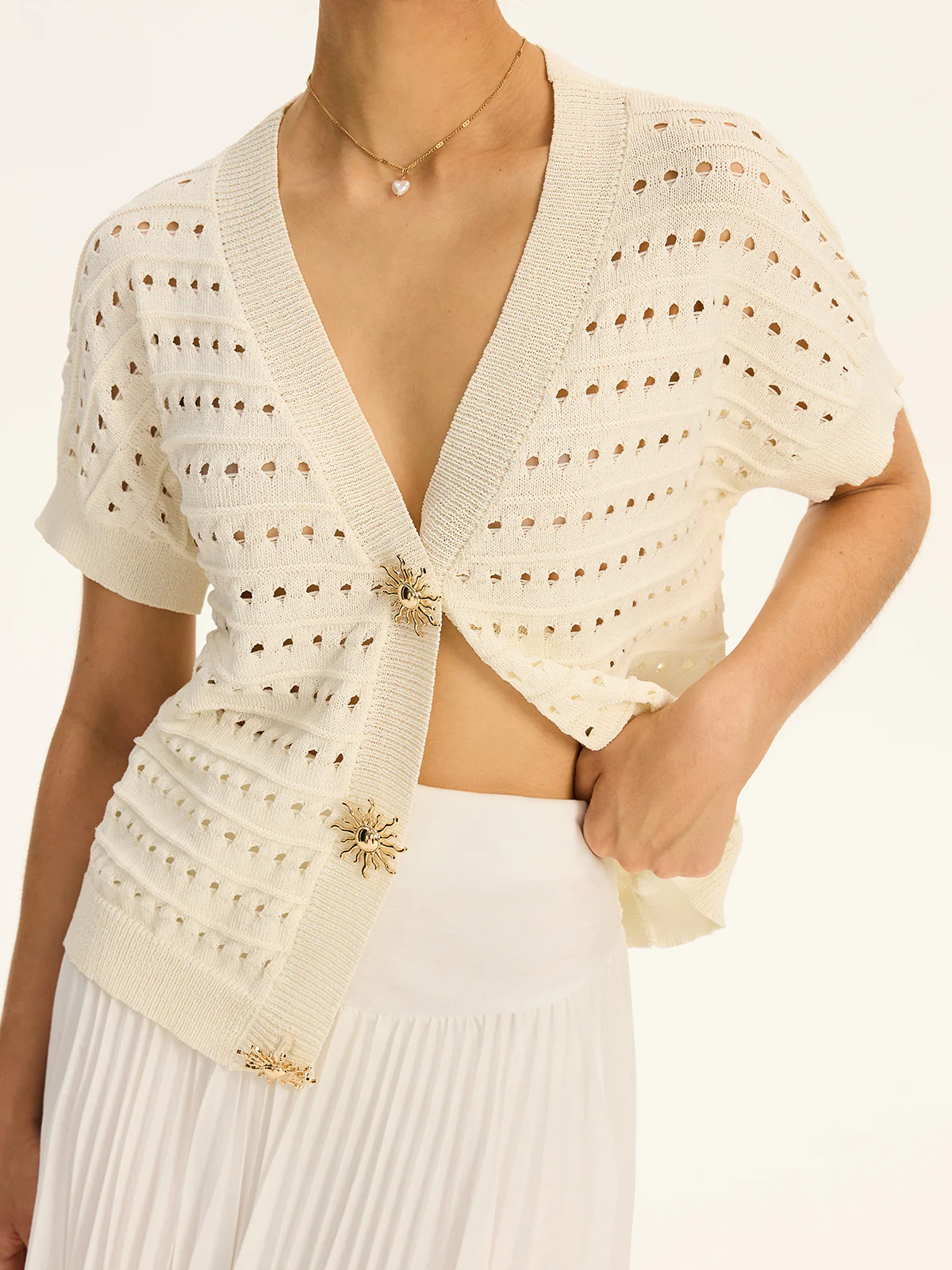 Eyelet Knit Metal Button V-Neck Cardigan - Image 5