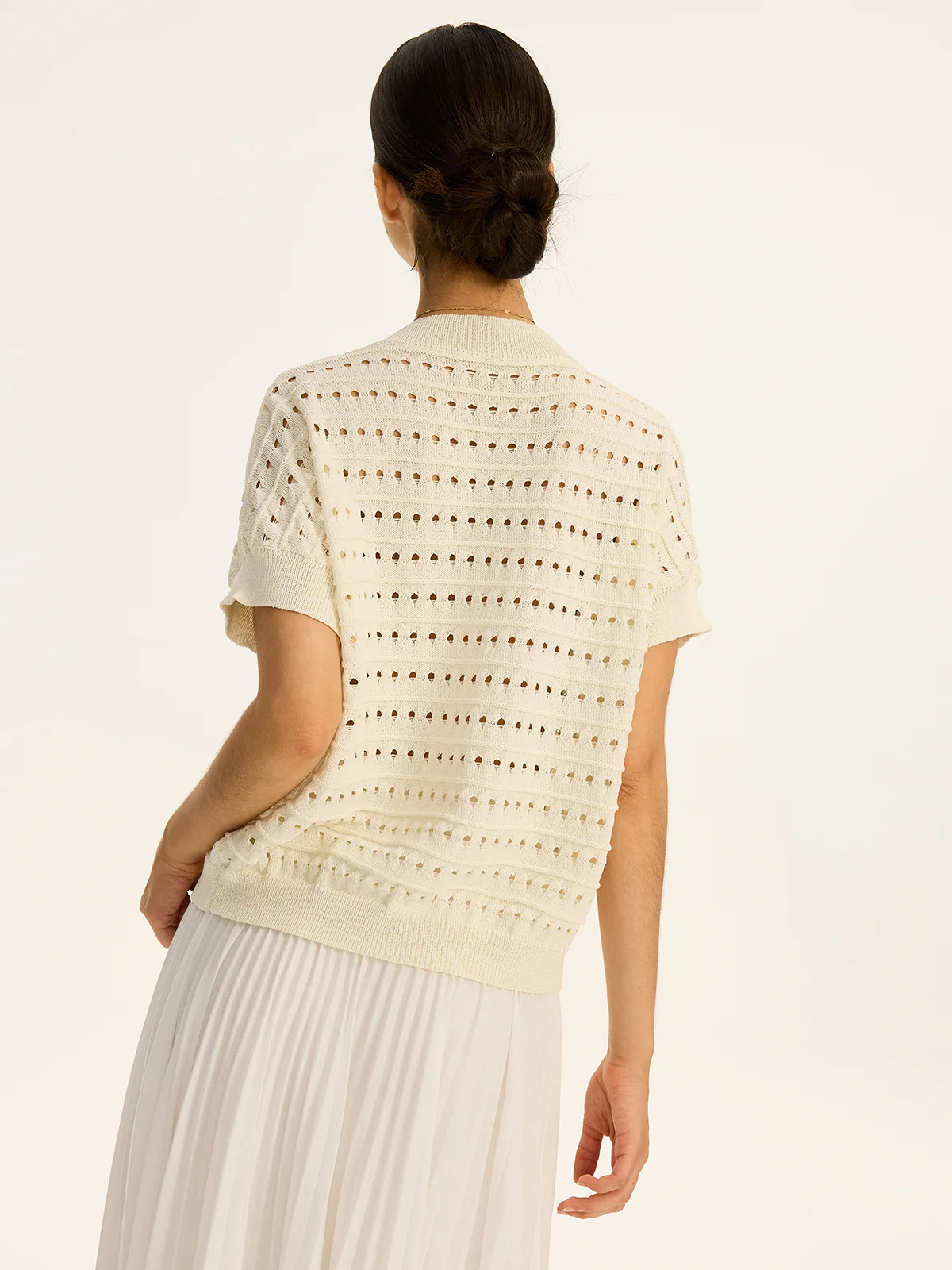 Eyelet Knit Metal Button V-Neck Cardigan - Image 6