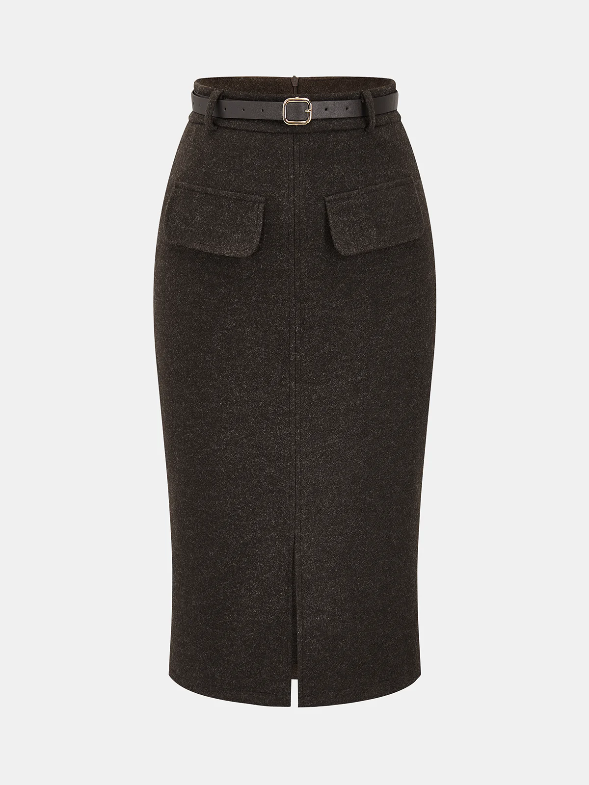 Faux Cashmere Belted Slit Pencil Skirt