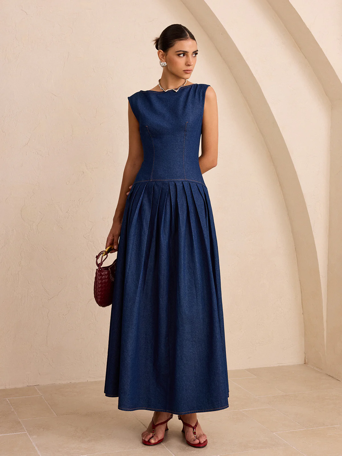 Faux Denim Sleeveless Pleated Maxi Dress - Image 2