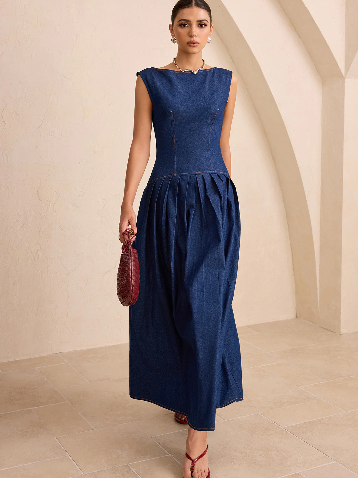 Faux Denim Sleeveless Pleated Maxi Dress - Image 4