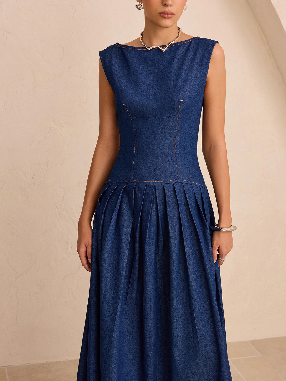 Faux Denim Sleeveless Pleated Maxi Dress - Image 6