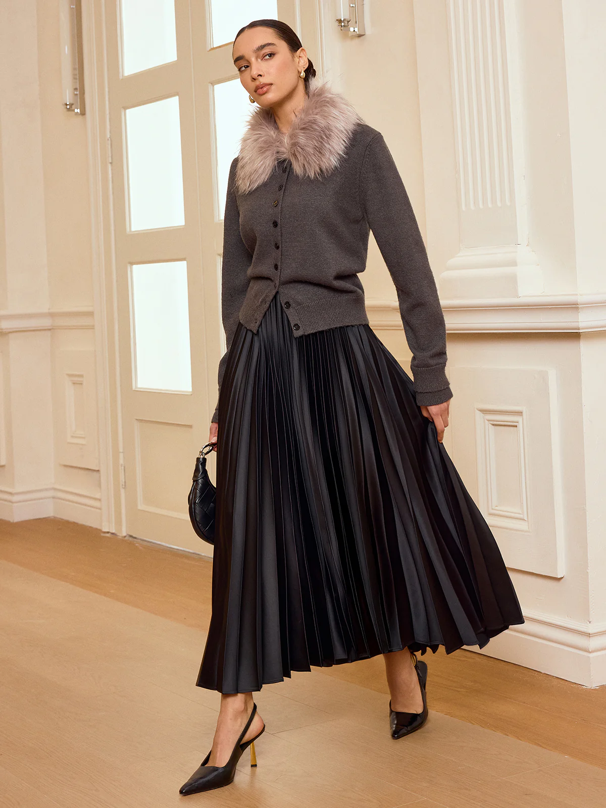 Faux Fur Collar Button-Front Cardigan - Image 2