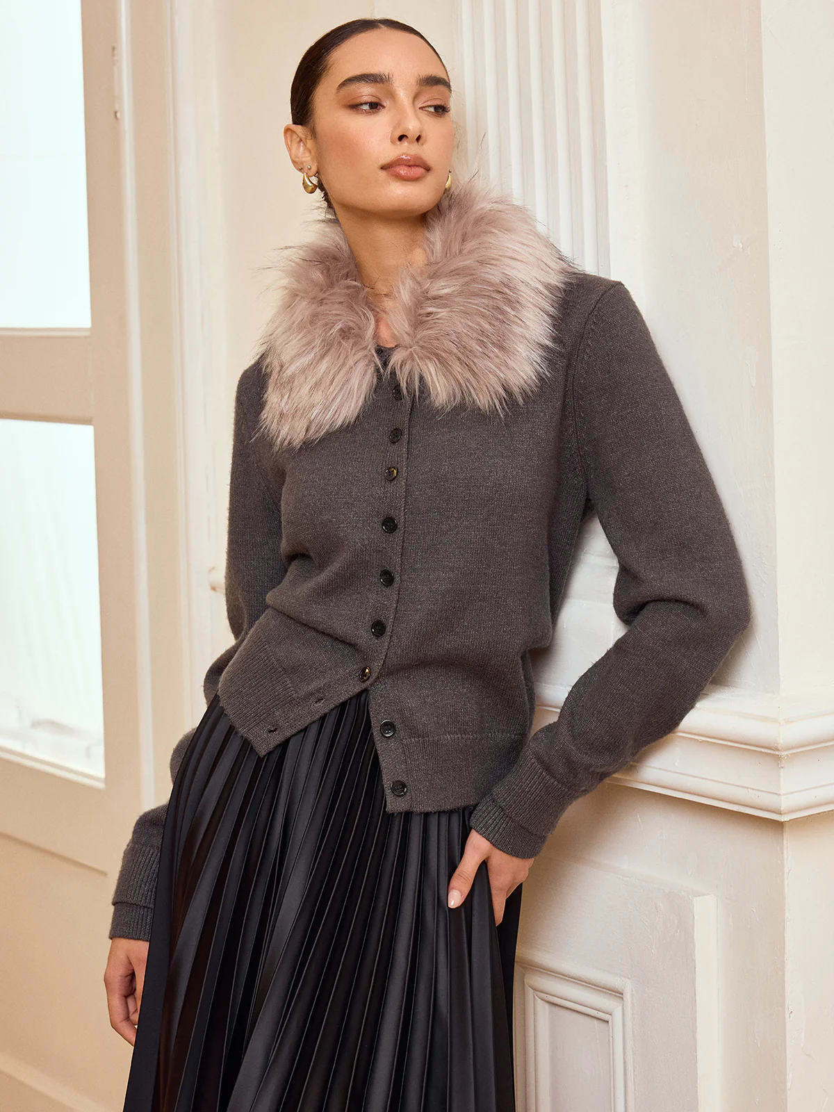 Faux Fur Collar Button-Front Cardigan - Image 6