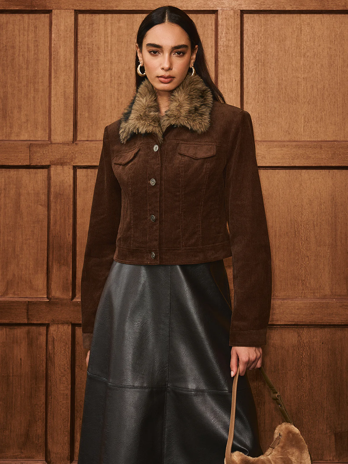 Faux Fur Collar Corduroy Jacket - Image 2