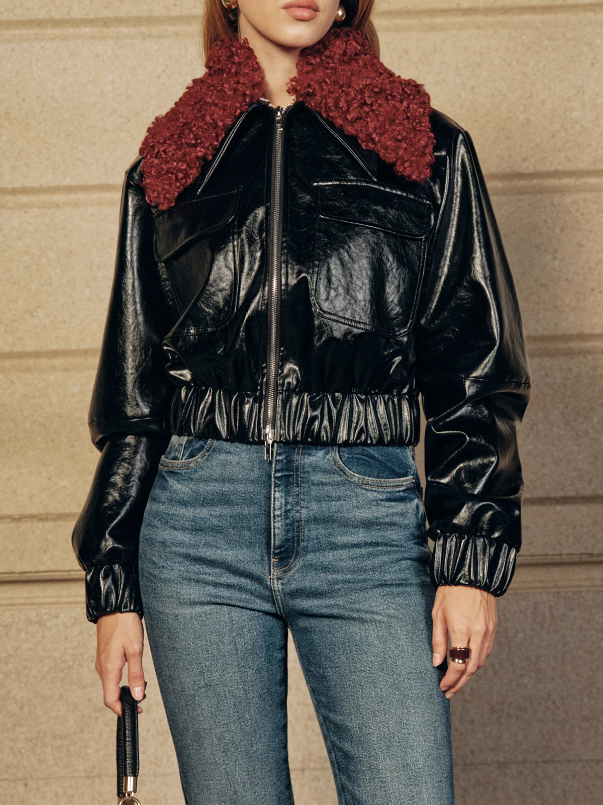 Faux Fur Collar Cropped PU Leather Jacket - Image 2