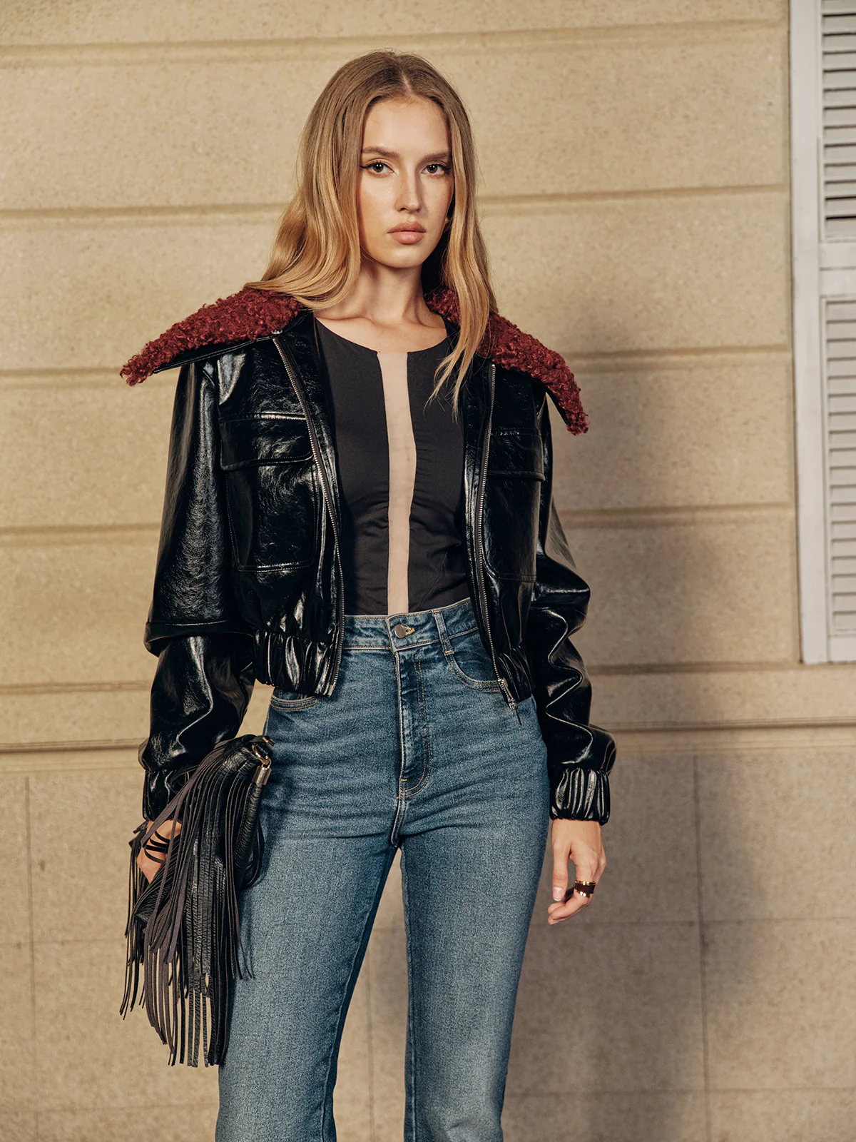Faux Fur Collar Cropped PU Leather Jacket - Image 6