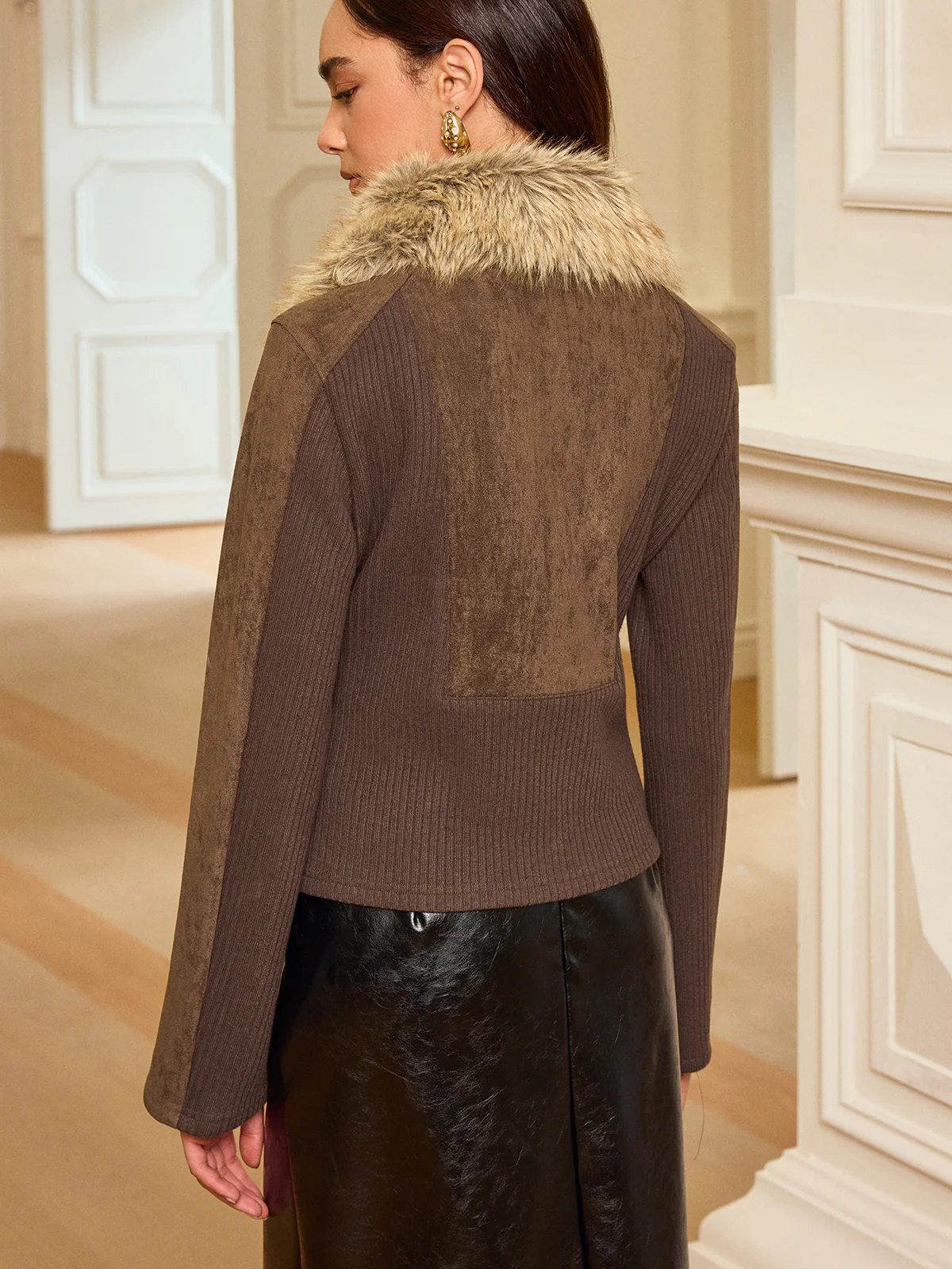 Faux Fur Collar Knit Panel Suede Effect Jacket - Image 5