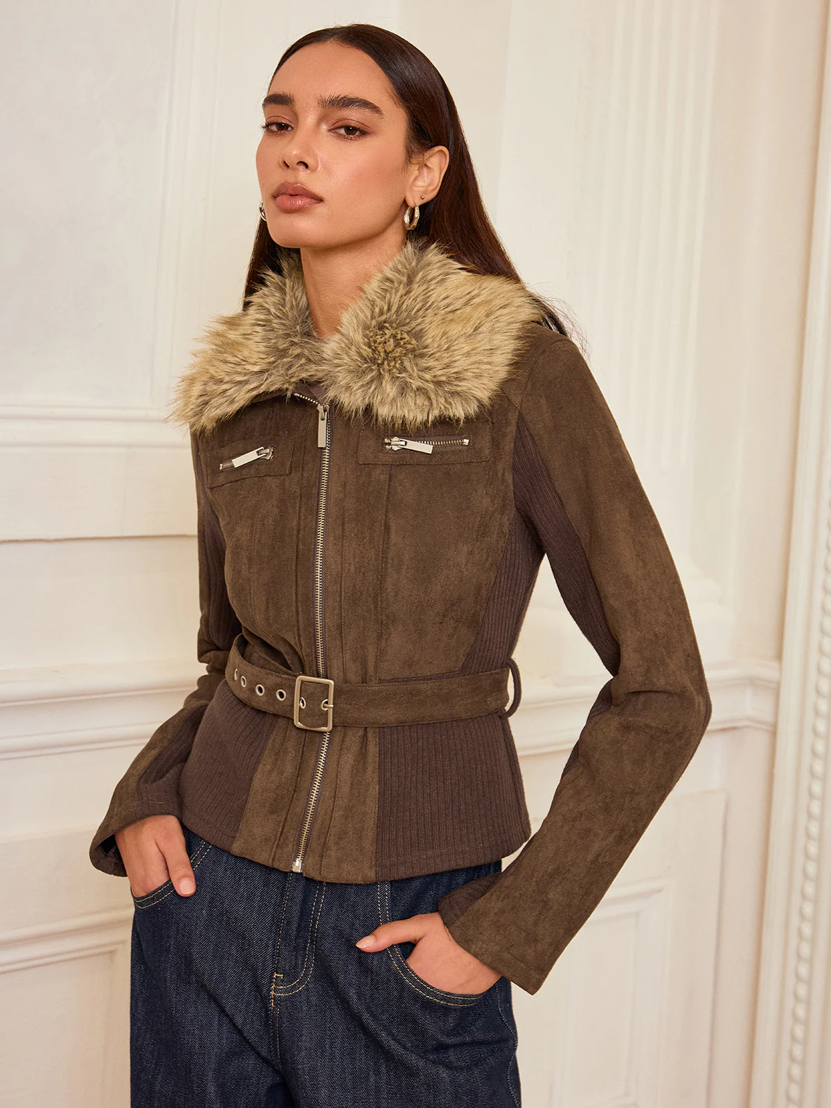 Faux Fur Collar Knit Panel Suede Effect Jacket - Image 6