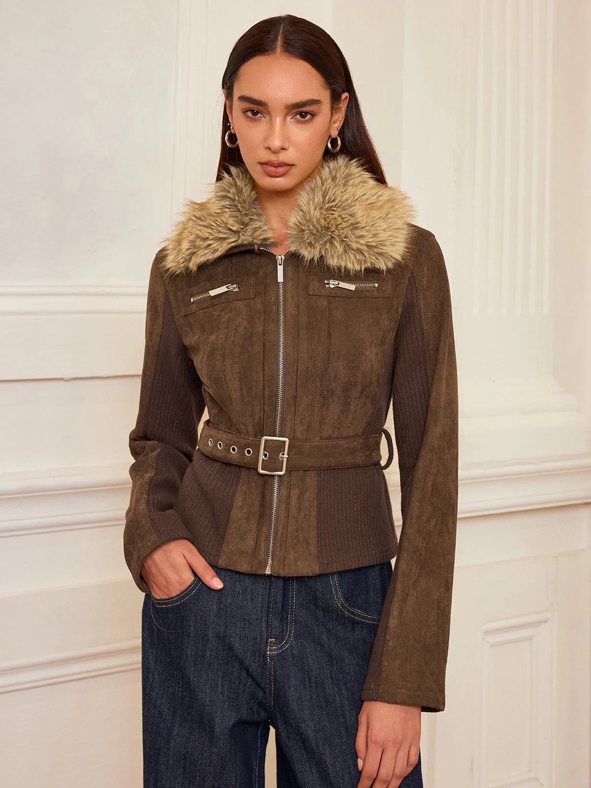 Faux Fur Collar Knit Panel Suede Effect Jacket - Image 7