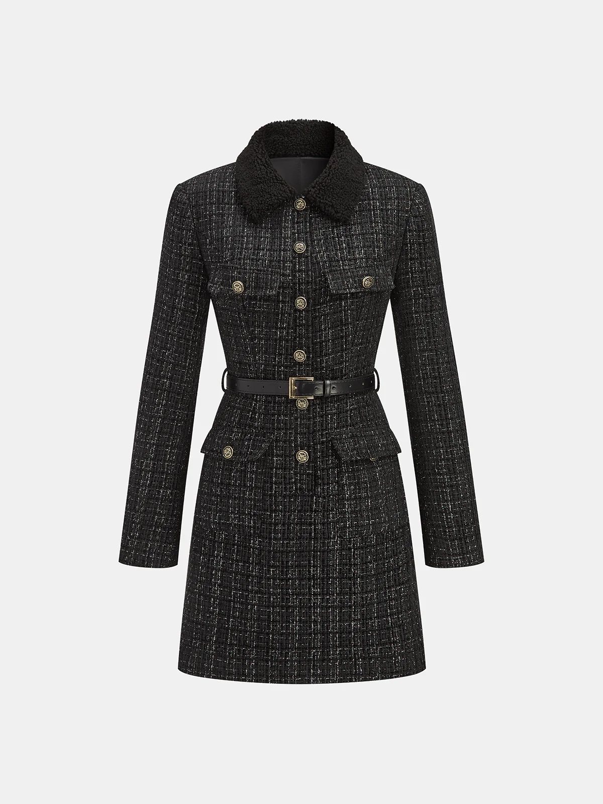 Faux Fur Collar Tweed Belted Mini Dress - Image 2