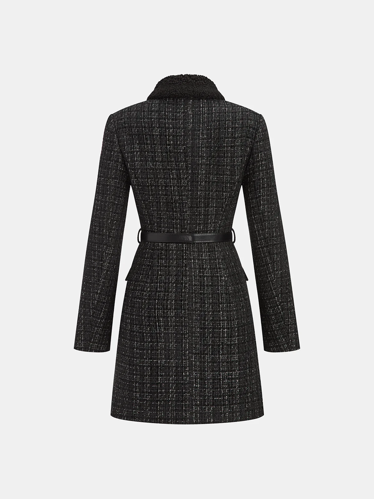Faux Fur Collar Tweed Belted Mini Dress - Image 3