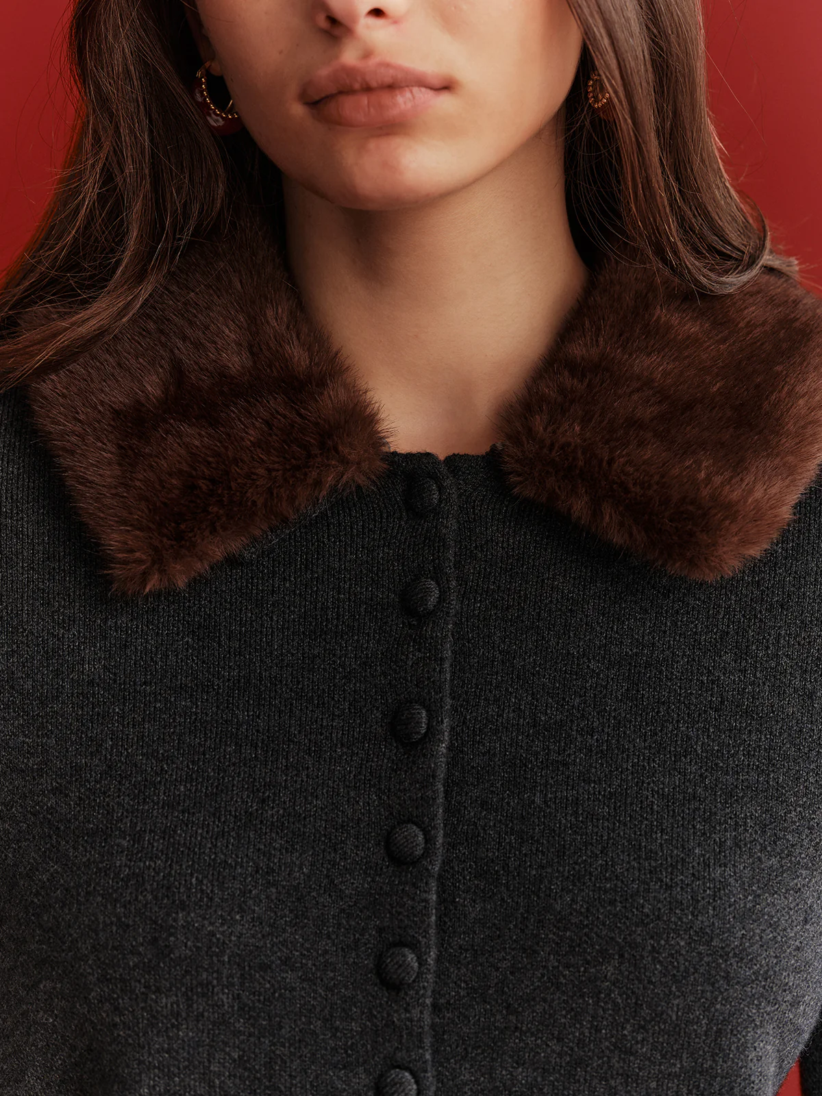 Faux Fur Collar Wool-Blend Cardigan - Image 3