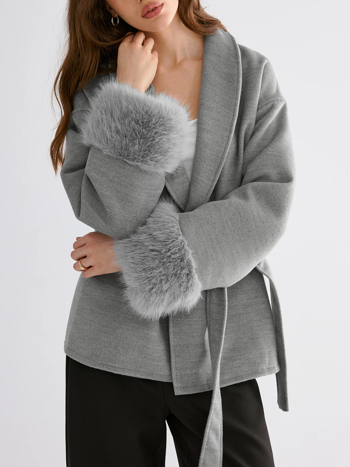 Faux Fur Cuff Belted Coat - Image 2
