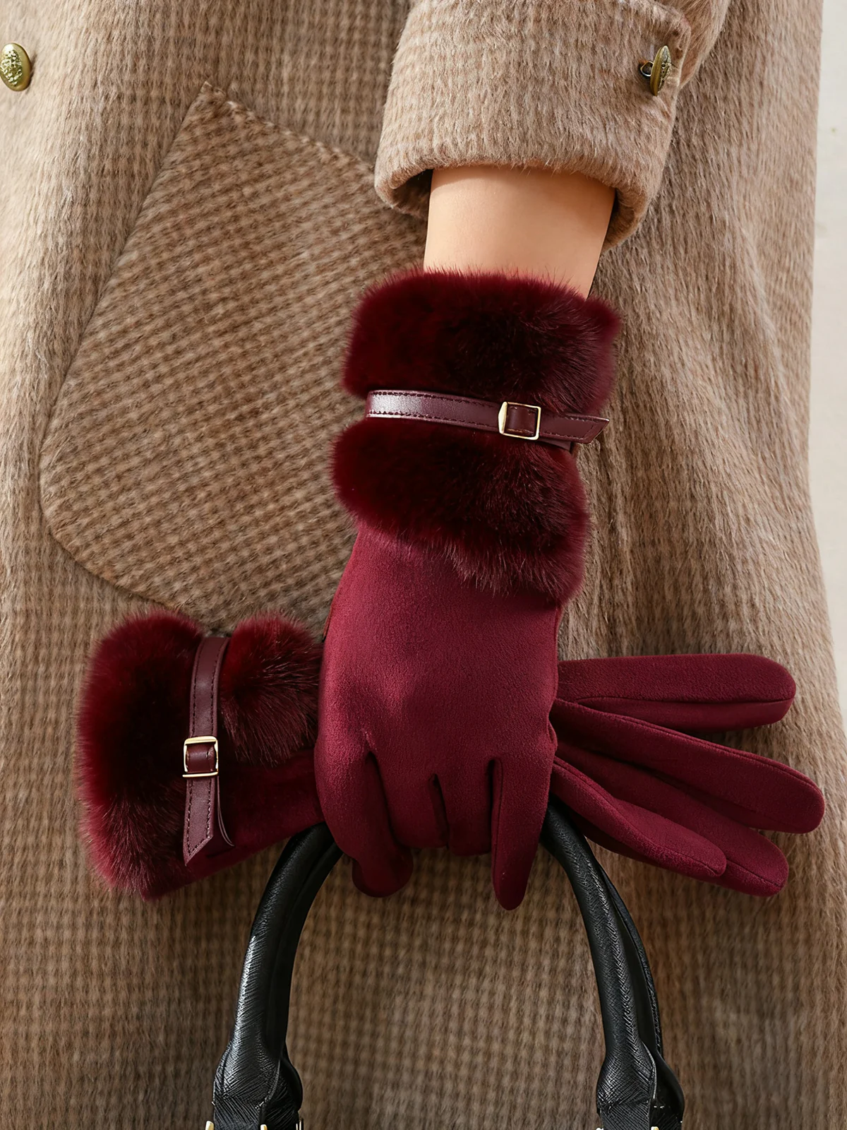 Faux Fur Cuff Cashmere Gloves - Image 3