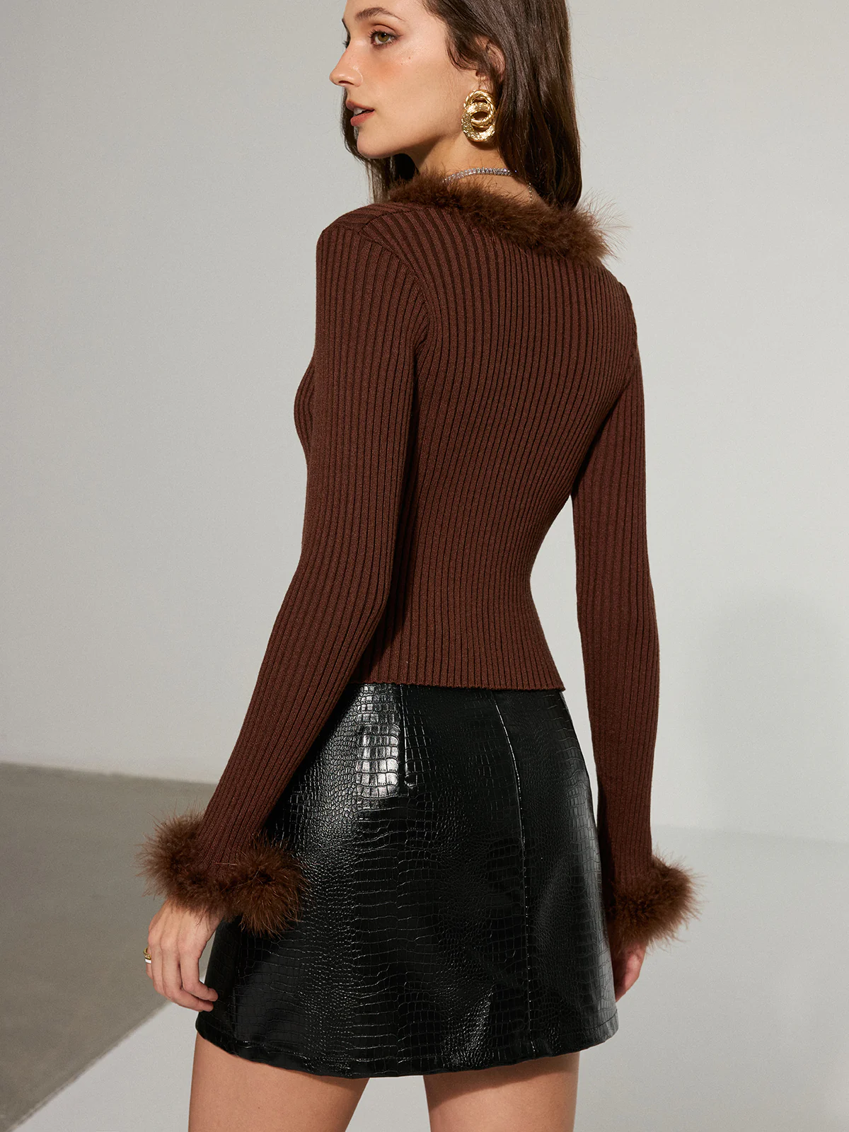 Faux Fur Trim Ribbed Knit Top - Image 6