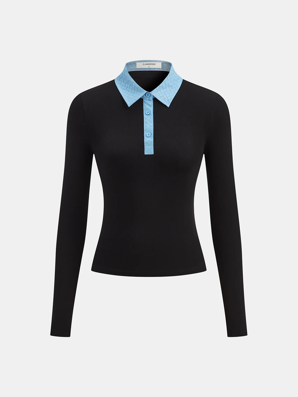 Faux Leather Collar Long-Sleeve Knit Top