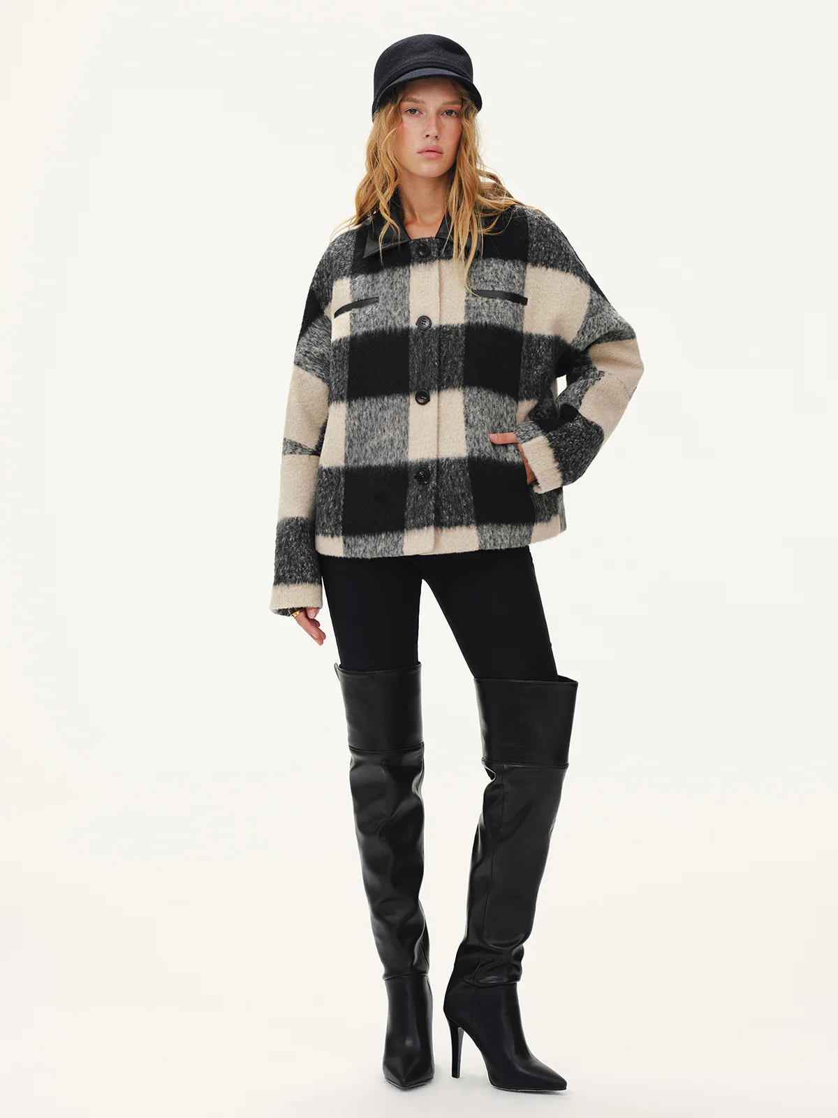 Faux Leather Collar Plaid Faux Cashmere Coat - Image 2