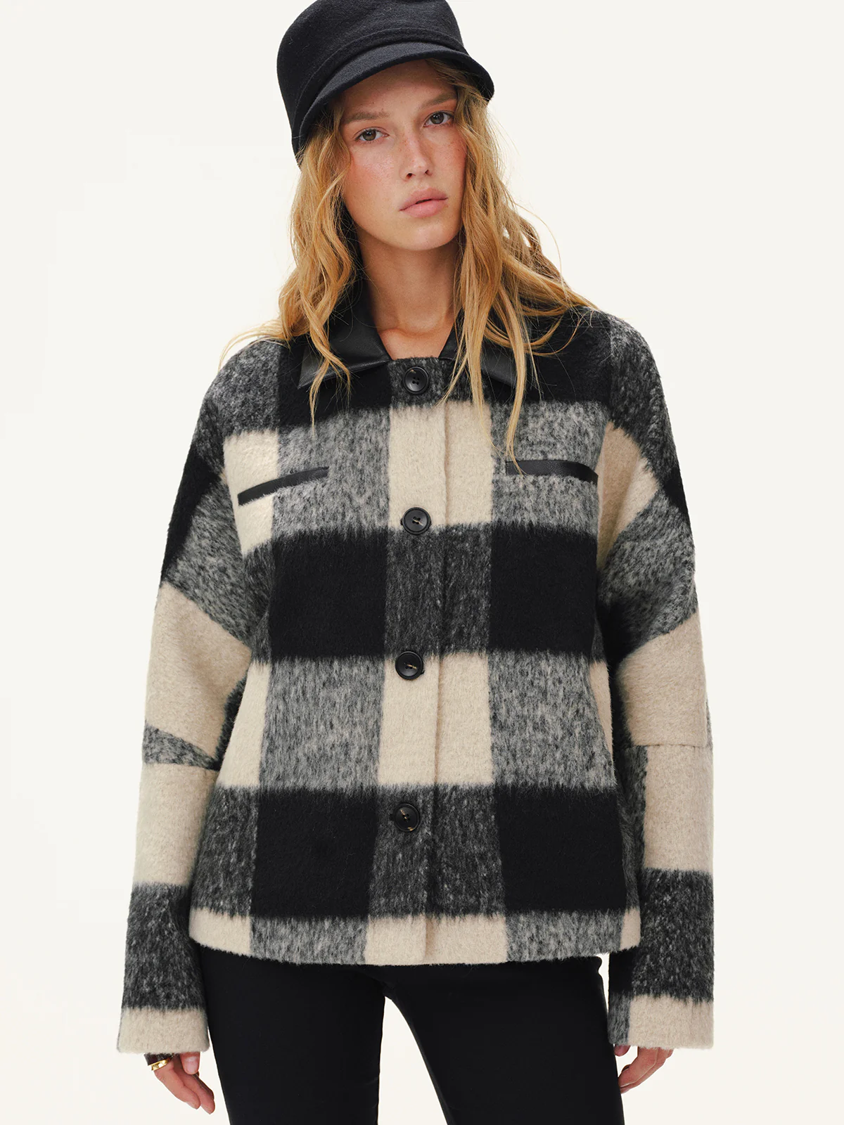 Faux Leather Collar Plaid Faux Cashmere Coat - Image 3