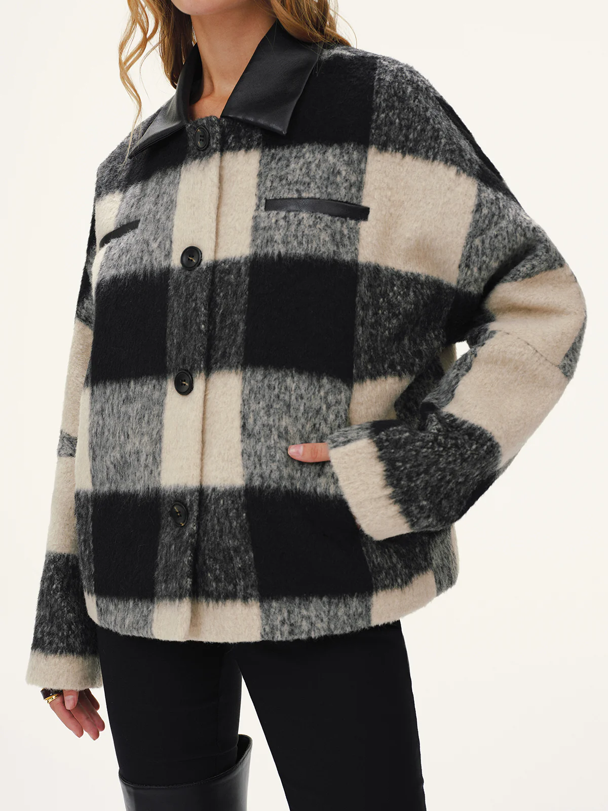Faux Leather Collar Plaid Faux Cashmere Coat - Image 4