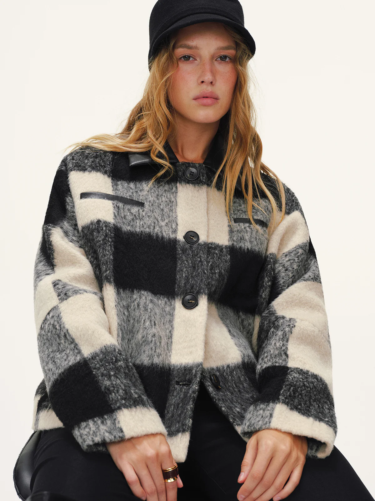 Faux Leather Collar Plaid Faux Cashmere Coat - Image 5
