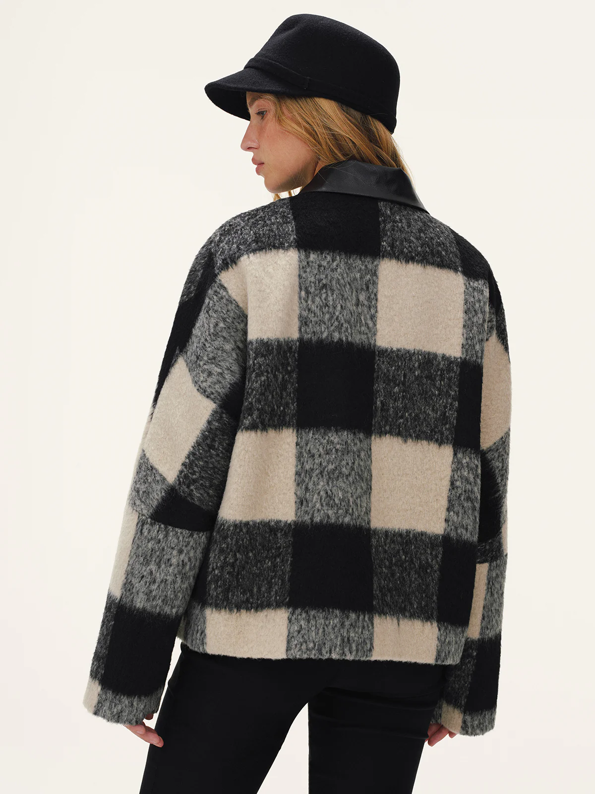 Faux Leather Collar Plaid Faux Cashmere Coat - Image 6