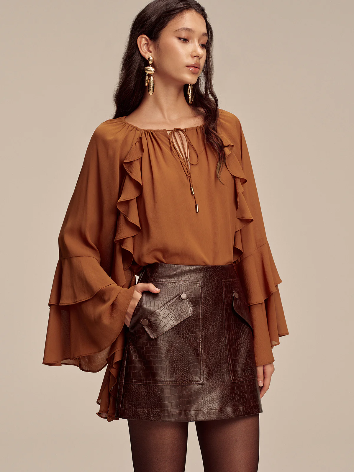 Faux Leather Crocodile-Embossed Mini Skirt - Image 3