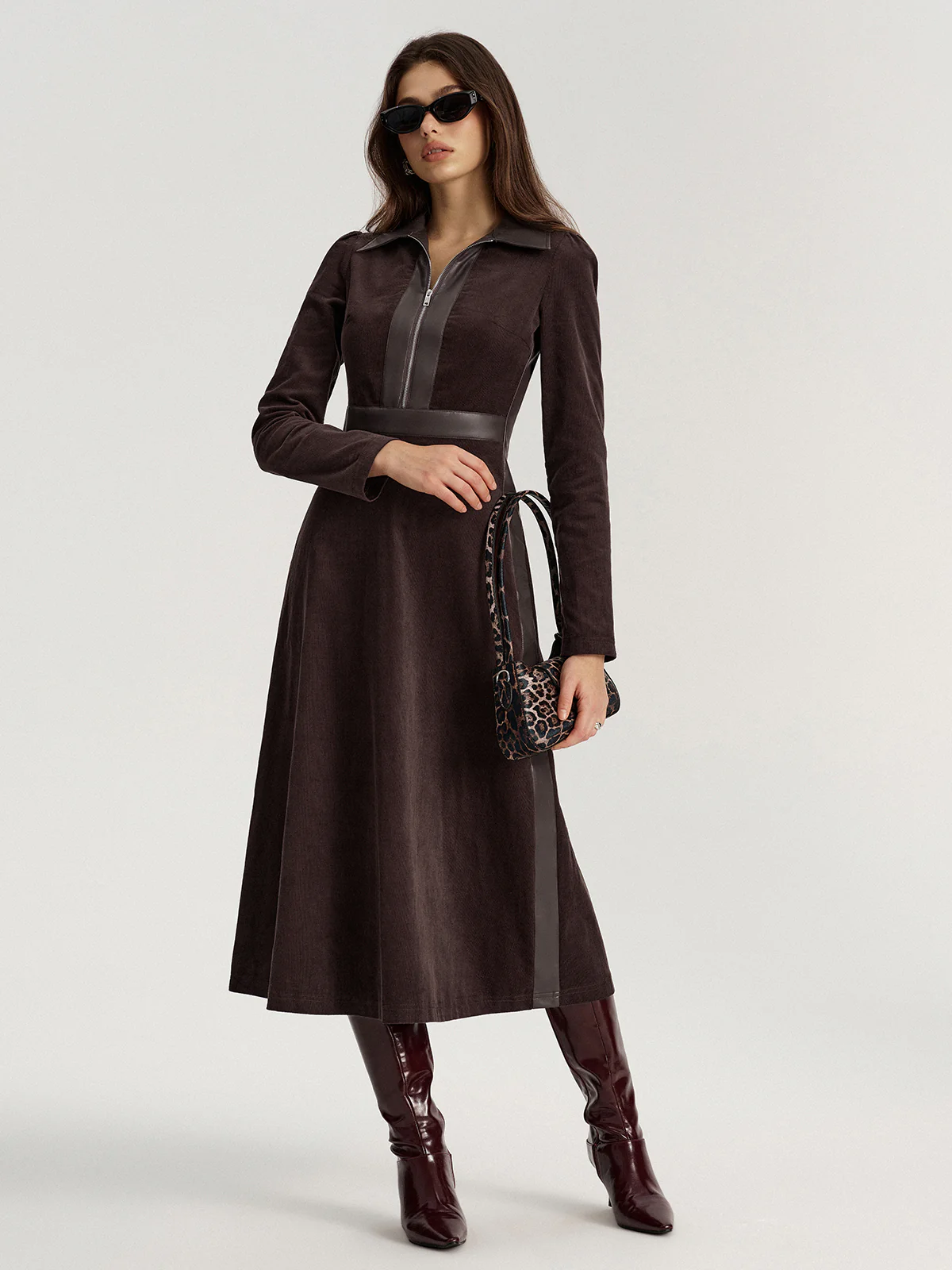 Faux Leather Panel Corduroy Midi Dress - Image 5