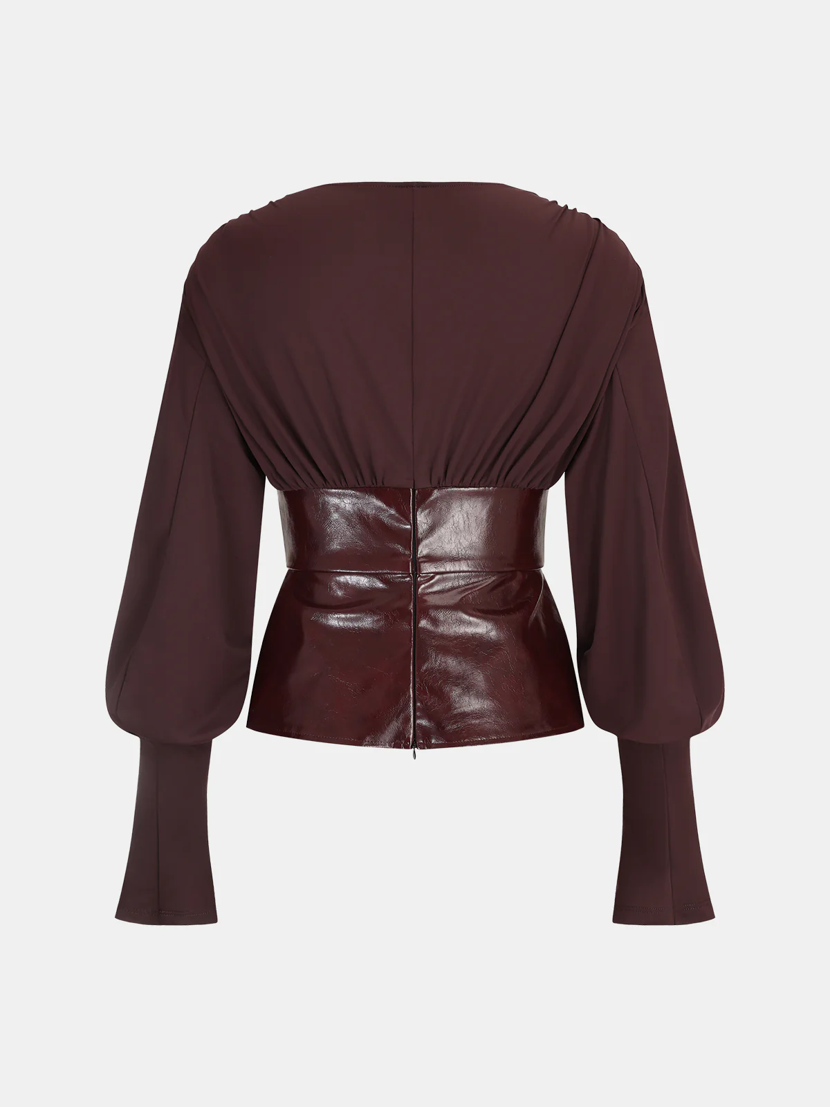 Faux Leather Panel Lantern Sleeve Blouse - Image 2
