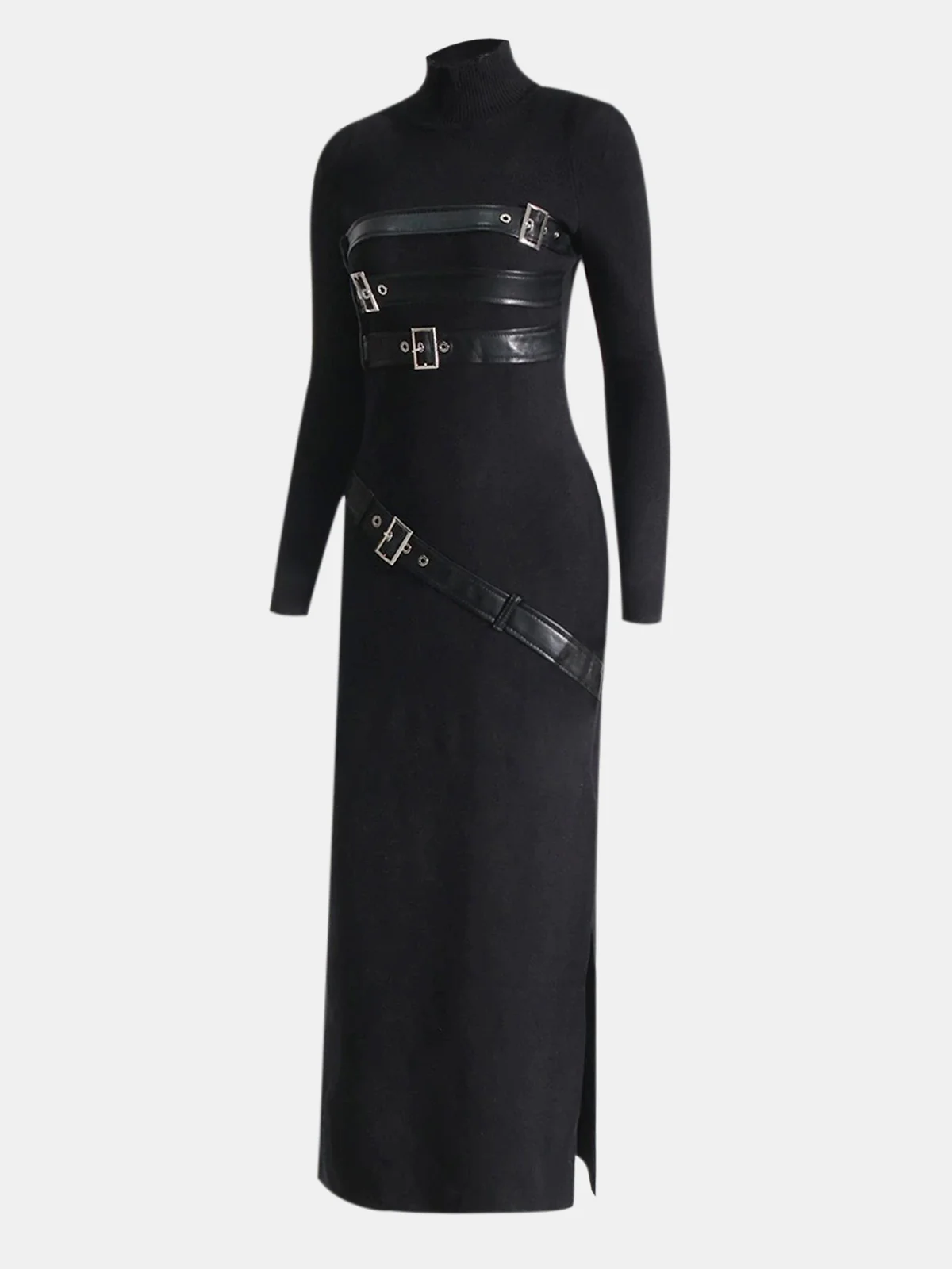 Faux Leather Panel Mock Neck Knit Maxi Dress - Image 2