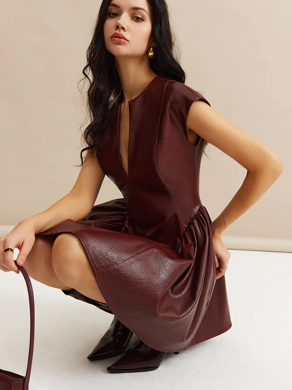 Faux Leather Panel Pleated Dress - Image 2