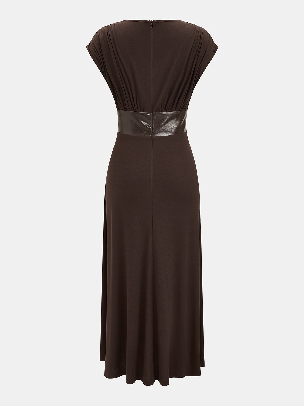 Faux Leather Panel Ruched Sleeveless Midi Dress - Image 2