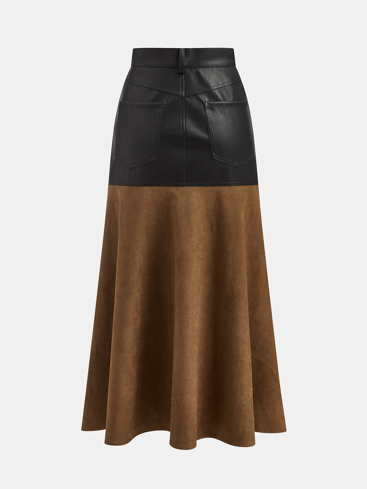 Faux Leather Panel Suede Effect Midi Skirt - Image 2