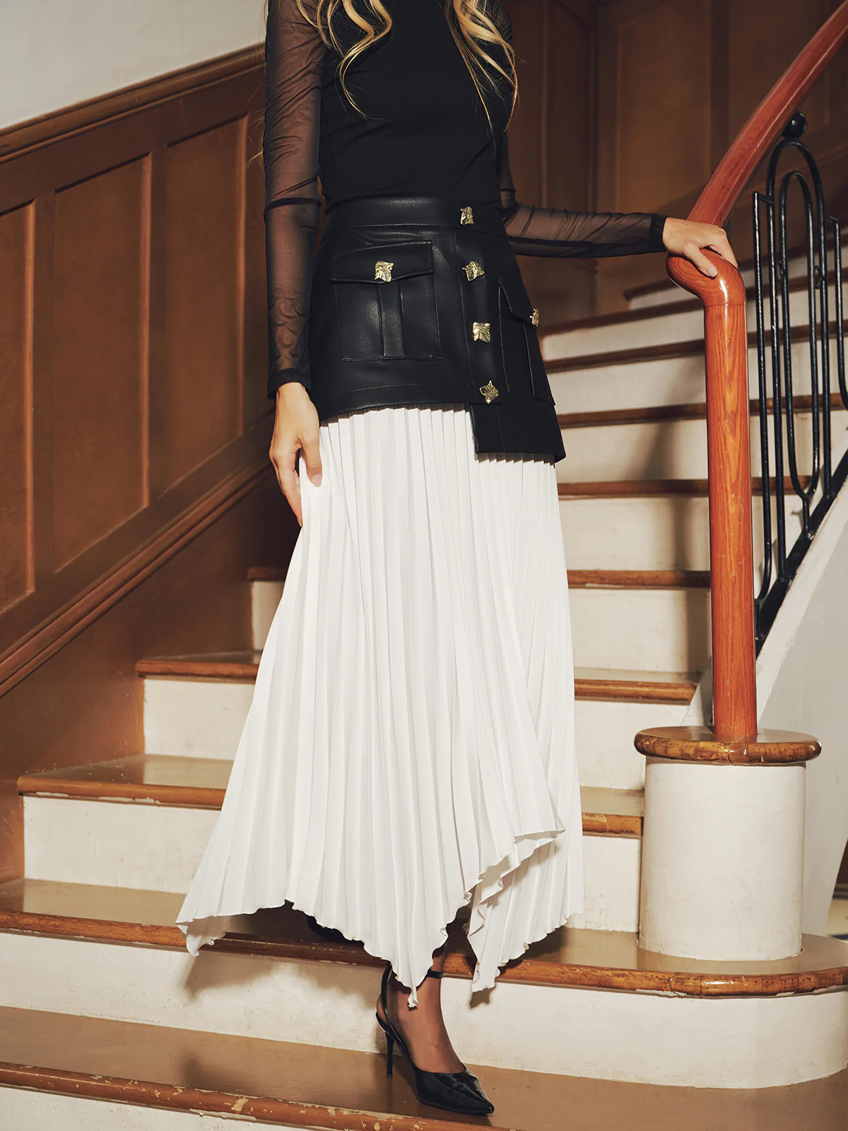 Faux Leather Paneled Asymmetric Pleated Maxi Skirt - Image 2