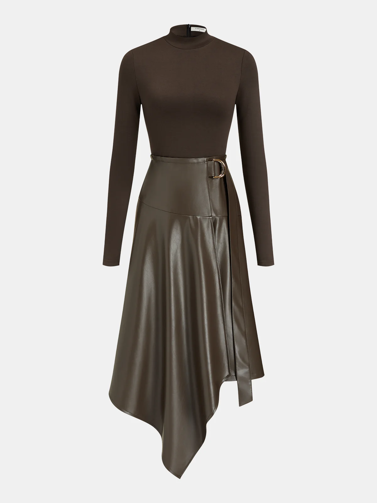 Faux Leather Paneled Knit Asymmetrical Dress
