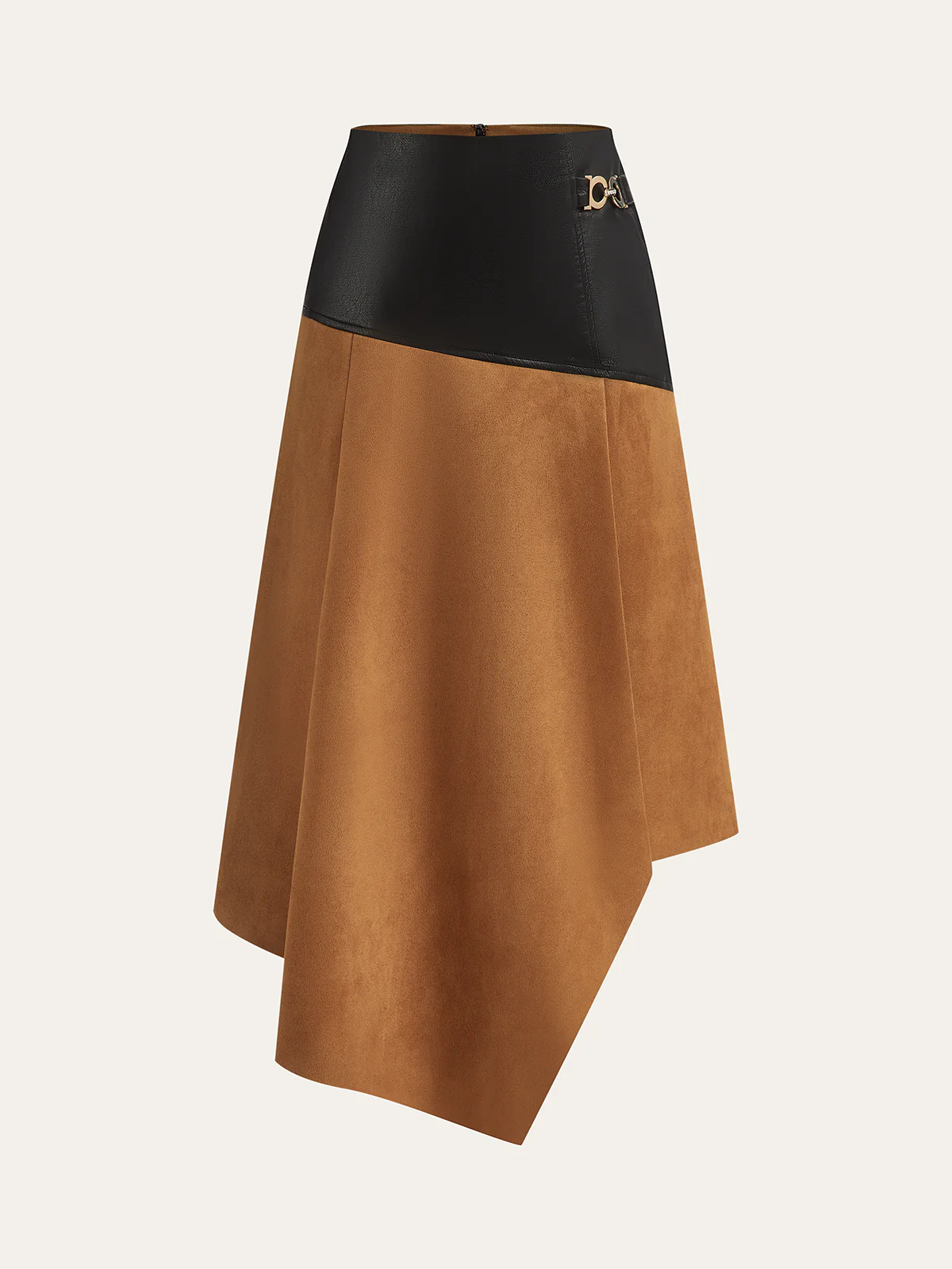 Faux Leather Paneled Suede Effect Asymmetric Midi Skirt - Image 2