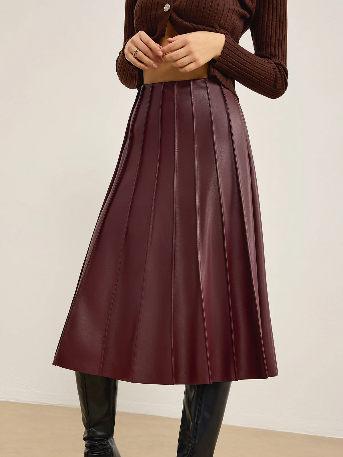 Faux Leather Pleated Midi Skirt - Image 3