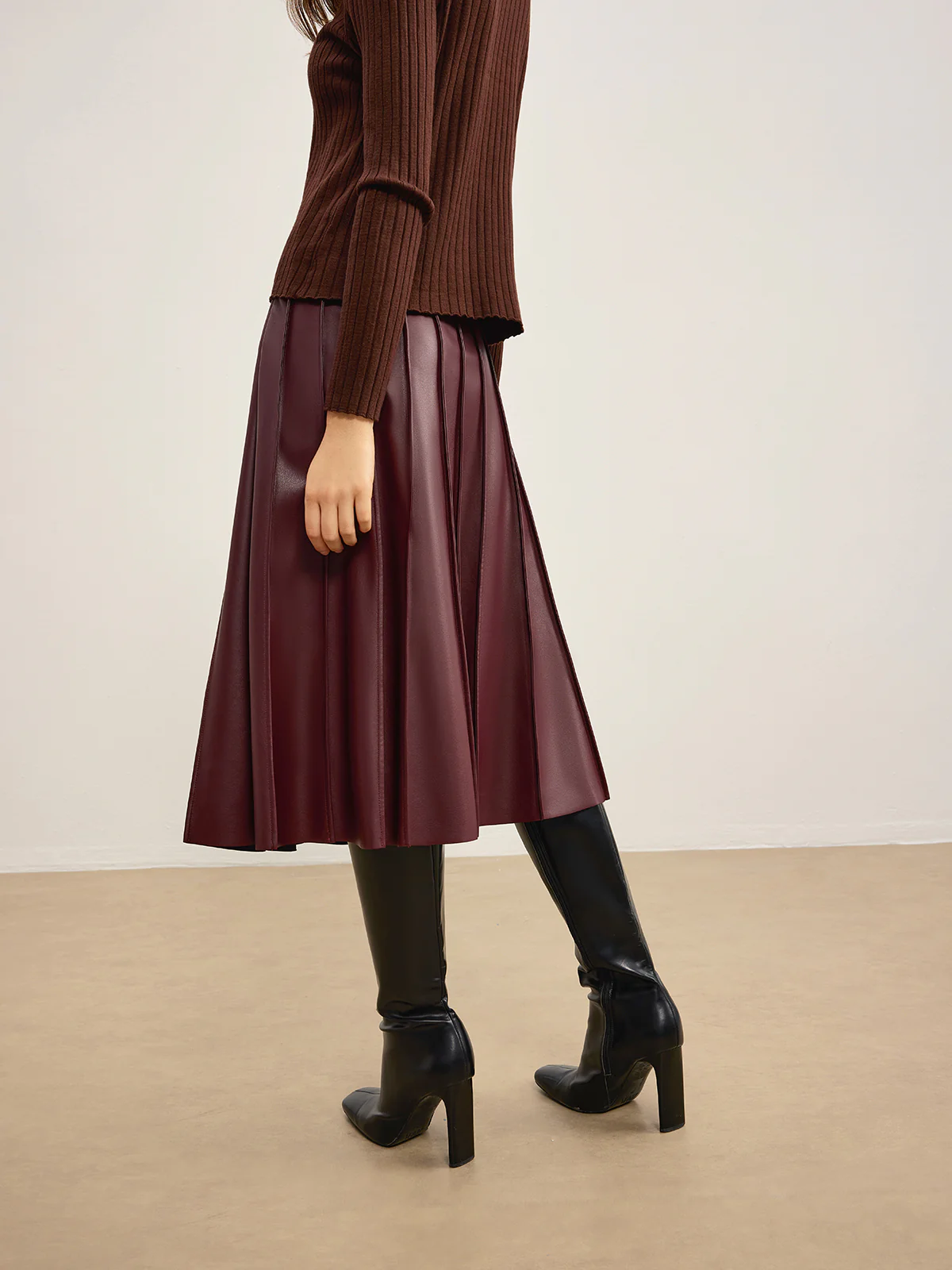 Faux Leather Pleated Midi Skirt - Image 4
