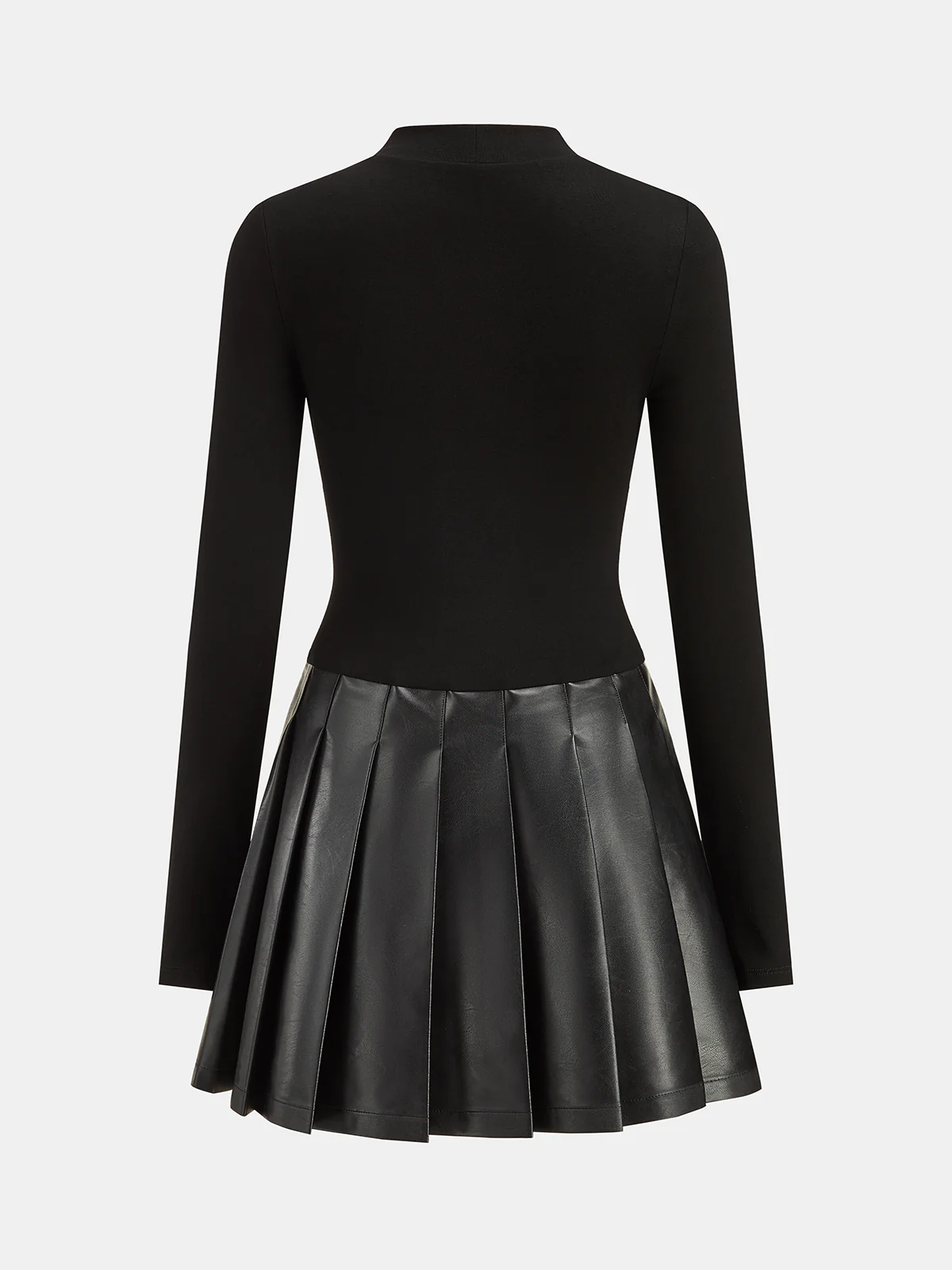Faux Leather Pleated Panel Long Sleeve Dress - Image 2