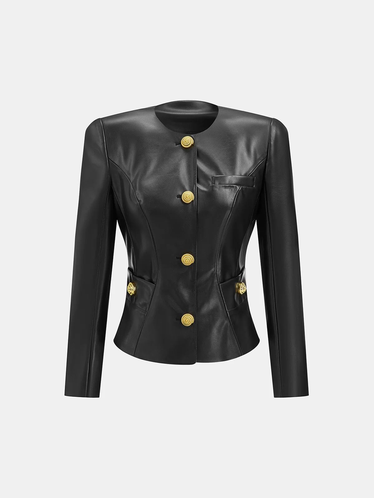 Faux Leather Round Neck Metal Button Fitted Blazer - Image 2
