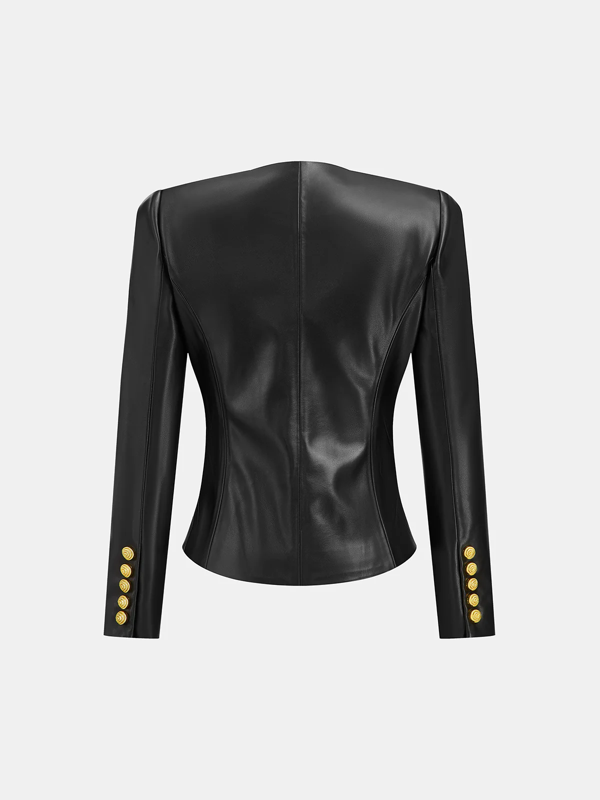 Faux Leather Round Neck Metal Button Fitted Blazer - Image 3