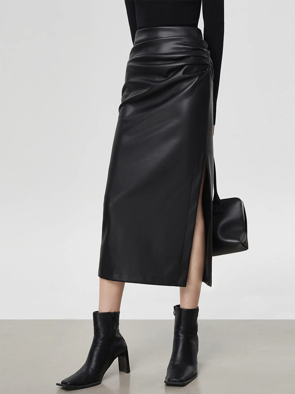 Faux Leather Ruched Slit Midi Skirt - Image 4