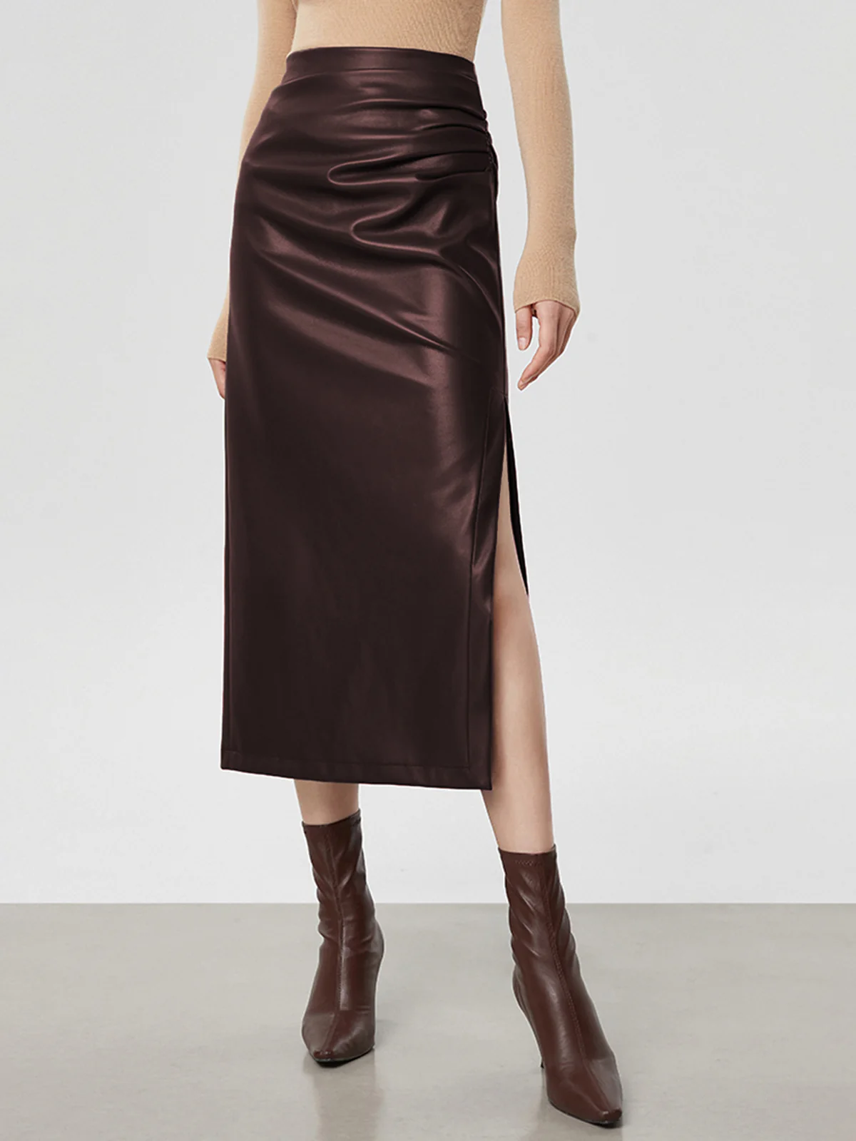 Faux Leather Ruched Slit Midi Skirt - Image 7